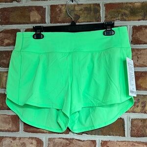 NWT Lululemon Athletica Speed Up 4” Neon Green lined Athletic Shorts. 10